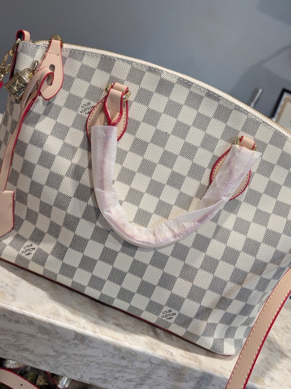 Fashion Inspired Damier Azur Tote with Red Trim and Gold Hardware
